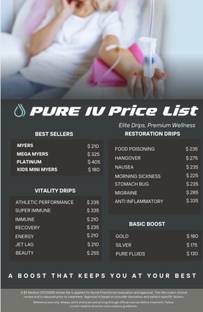 Menu-style IV therapy price list poster with close-up of a person receiving an IV drip; sections for best-sellers, vitality drips, restoration drips and basic boosts with prices — hydration and wellness infusions for recovery, immunity and hangover relief.