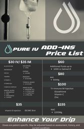 Stylized IV therapy price list poster showing an IV bag and drip, drop icon, and columns of add‑ons and prices for vitamin infusions, fluids and injections.