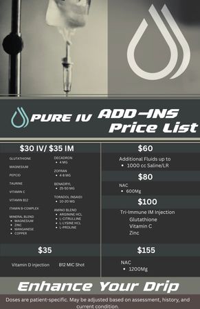 Stylized IV therapy price list poster showing an IV bag and drip, drop icon, and columns of add‑ons and prices for vitamin infusions, fluids and injections.