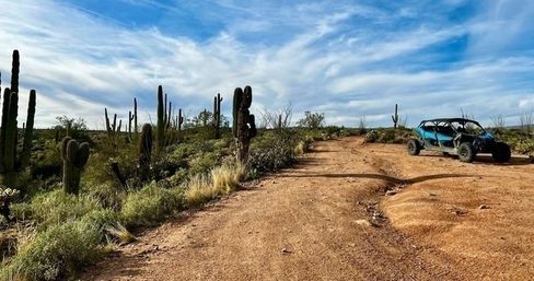 Blue off-road UTV parked on a dusty desert trail flanked by tall saguaro cacti under a wide blue sky with wispy clouds.