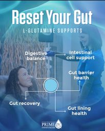Wellness clinic scene: smiling patient receives IV therapy from a clinician with overlay text 'Reset Your Gut' and 'L-glutamine supports' and callouts for digestive balance, intestinal cell support, gut barrier and lining health, and gut recovery — gut health IV therapy concept.