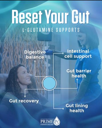 Wellness clinic scene: smiling patient receives IV therapy from a clinician with overlay text 'Reset Your Gut' and 'L-glutamine supports' and callouts for digestive balance, intestinal cell support, gut barrier and lining health, and gut recovery — gut health IV therapy concept.