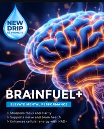 Vivid neon brain with glowing neural pathways in an IV therapy ad for “BrainFuel+,” featuring a “New Drip” badge and text about sharper focus, nerve and brain support, and NAD+ cellular energy.