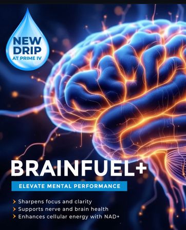 Vivid neon brain with glowing neural pathways in an IV therapy ad for “BrainFuel+,” featuring a “New Drip” badge and text about sharper focus, nerve and brain support, and NAD+ cellular energy.