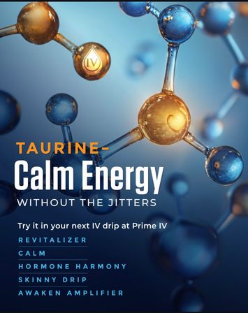 Stylized gold and blue molecular illustration with headline ‘Taurine — Calm Energy without the jitters’, promoting taurine IV drip benefits: revitalizer, calm, hormone harmony, skinny drip, awaken amplifier