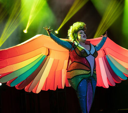 A costumed performer on a theater stage wearing a sparkling rainbow bodysuit, green wig and oversized inflatable multicolored wings, striking a dramatic pose under bright yellow and green stage lights.