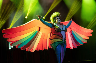 Drag performer on stage in a glittering rainbow costume with oversized inflatable wings, striking a pose under green spotlights.