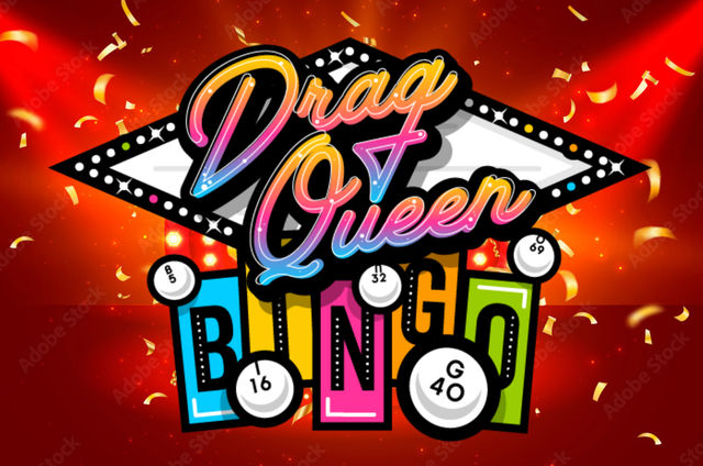 Vibrant retro marquee reading "Drag Queen Bingo" in rainbow neon script with oversized bingo balls and gold confetti on a glowing red background.