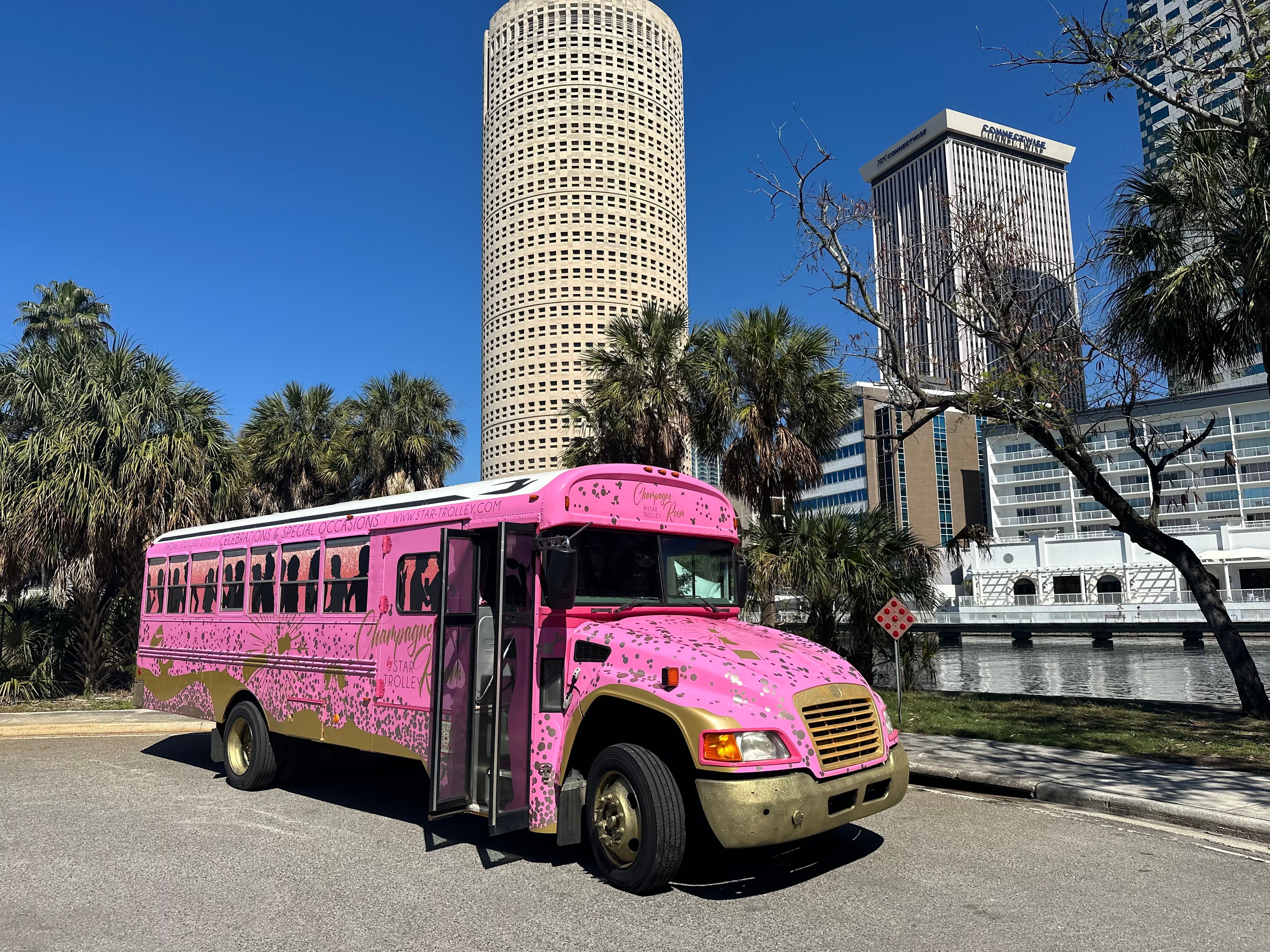 Bright pink party bus with gold trim parked by palm trees along the Tampa waterfront, downtown skyline and round high-rise under a clear blue sky