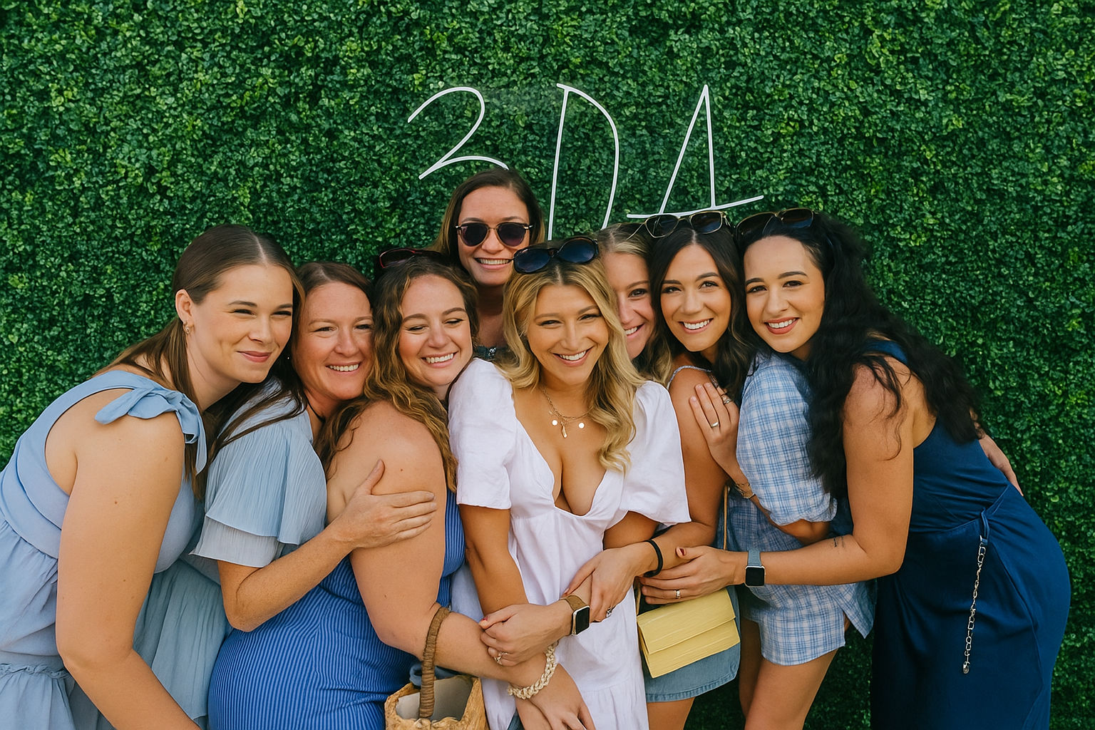 Eight women in summer dresses smiling and hugging for a group photo at an outdoor garden party in front of a lush green hedge wall with a neon script sign, many wearing sunglasses and carrying small purses.