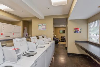 Shared apartment laundry room with a row of open top-loading washers, stacked dryers, long folding counter by a window with blinds, and a small lounge area with chairs and TV — bright beige interior ready for laundry day.