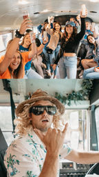 Group of young adults cheering and raising canned drinks inside a retro party bus, with a straw-hatted driver in sunglasses flashing a shaka sign—energetic road-trip party vibe.
