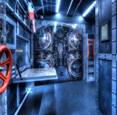 Blue-lit vessel engine room interior with twin cylindrical boilers, riveted steel bulkheads, red valve wheel, exposed pipes and a control panel.