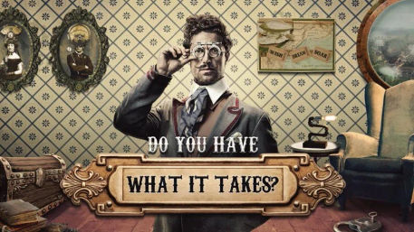 Steampunk-inspired Victorian study with a man in a vintage suit adjusting a monocle, ornate frames, trunk and armchair, and a decorative sign reading "Do you have what it takes?"