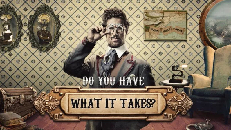 Steampunk-inspired Victorian study with a man in a vintage suit adjusting a monocle, ornate frames, trunk and armchair, and a decorative sign reading "Do you have what it takes?"