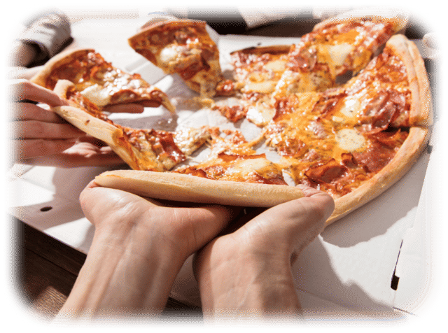 Close-up of a gooey pepperoni pizza in a white takeout box, hands pulling a cheesy slice with melted mozzarella and golden crust — classic takeout pizza moment.
