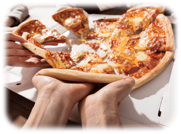Close-up of a gooey pepperoni pizza in a white takeout box, hands pulling a cheesy slice with melted mozzarella and golden crust — classic takeout pizza moment.