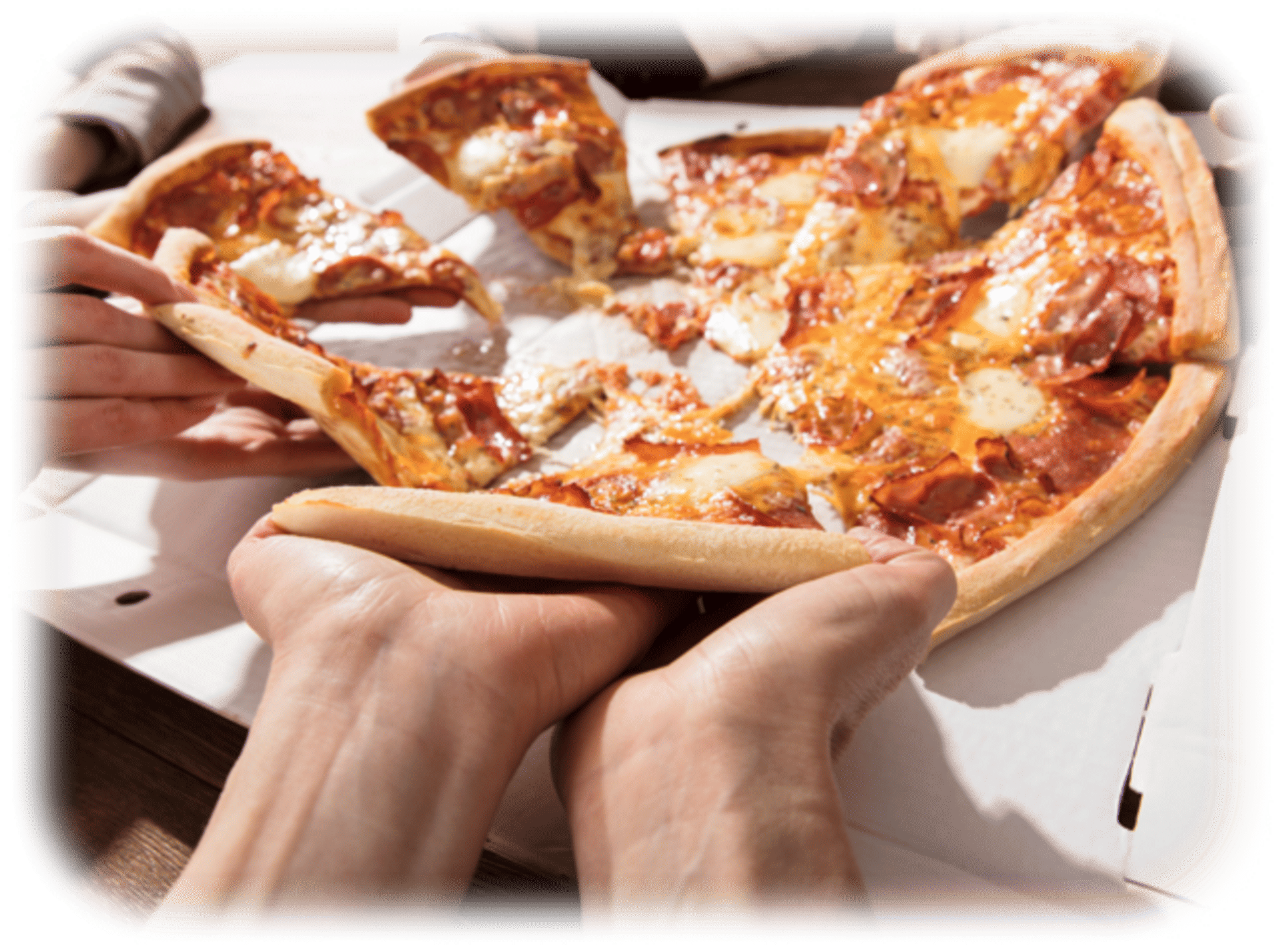 Close-up of a gooey pepperoni pizza in a white takeout box, hands pulling a cheesy slice with melted mozzarella and golden crust — classic takeout pizza moment.