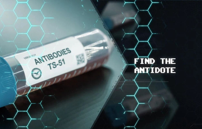 Close-up of a lab vial labeled 'ANTIBODIES TS-51' on a bench with glowing hexagonal overlay and pixelated text 'FIND THE ANTIDOTE', futuristic virology research theme.