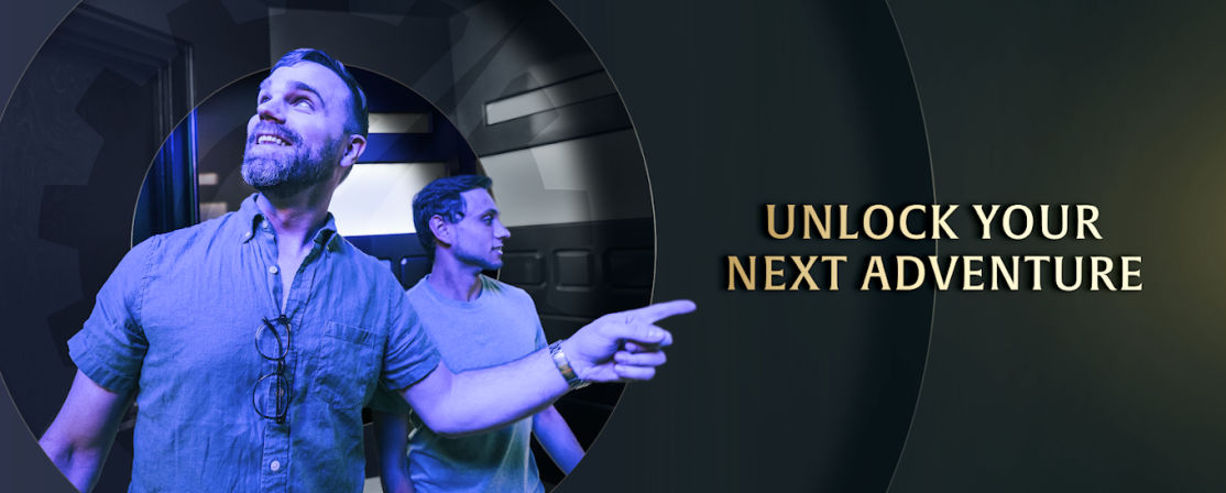 Two friends in an escape-room adventure—one excitedly pointing through a circular doorway under blue lighting; promotional text reads 'Unlock Your Next Adventure'.