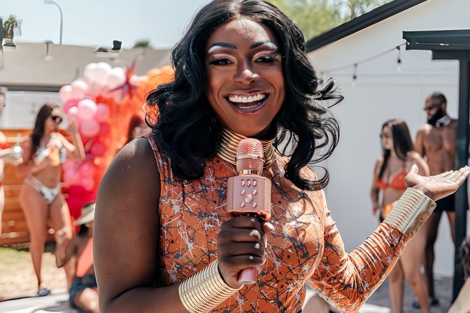 Smiling entertainer in an orange patterned outfit and gold cuffs holding a rose-gold microphone at a sunny outdoor pool party with pink balloons and guests in swimwear in the background.