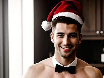 Playful shirtless man wearing a Santa hat and black bow tie collar, smiling in a modern kitchen for a festive Christmas portrait.