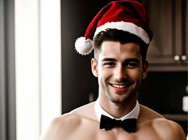 Smiling shirtless man wearing a red Santa hat and black bow tie in a modern kitchen — festive holiday portrait.
