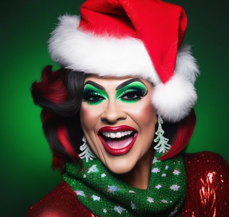 Close-up festive portrait of a smiling person in a Santa hat with bold green eyeshadow and red lipstick, sparkly red outfit, green holiday scarf with white stars, and Christmas tree earrings on a green background.