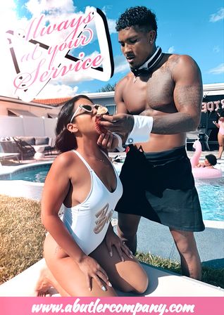 Playful pool party scene: shirtless man in bow tie and cuffs feeds a cupcake to a woman in a white swimsuit at a sunny backyard pool with an inflatable flamingo in the background.