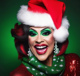 Festive holiday portrait of a glamorous drag performer wearing a red Santa hat, bold green eye makeup, red lipstick, Christmas-tree earrings, a green patterned scarf and sequined red outfit against a green background.