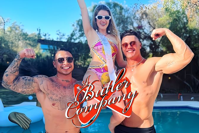 Sunny pool party: two shirtless men flex as they lift a smiling woman in a colorful swimsuit and sash, with an inflatable float, trees and a red logo overlay.