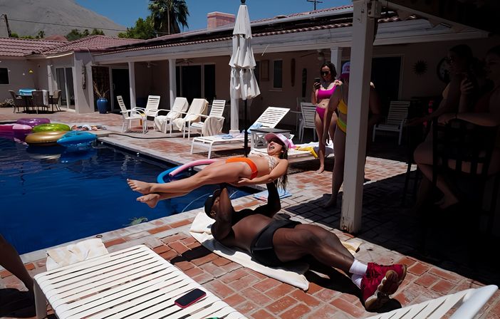 Sunny backyard pool party with people in swimwear — a man on the brick deck lifting a woman midair over the pool, colorful inflatables and lounge chairs nearby.