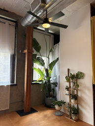 Sunlit urban loft corner with exposed ductwork and black ceiling fan, a wooden support beam, sheer curtains and a cluster of lush potted indoor plants by the window.