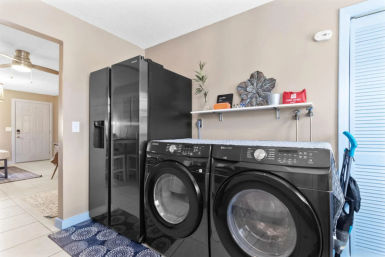Home laundry room with sleek black front-load washer and dryer next to a tall black refrigerator, beige walls, decorative shelf with plant, blue patterned rug and view into the entry hallway.