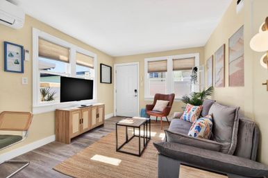 Cozy sunlit coastal-style living room with a gray sofa and colorful pillows, leather accent chair, wood TV console, black metal coffee table, jute rug, indoor plant and bright windows with shades.