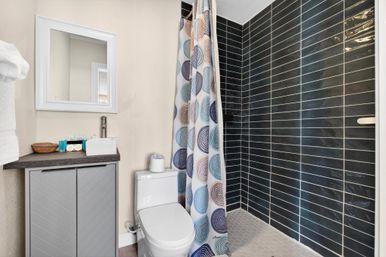 Compact modern bathroom with white toilet and gray vanity, mirror and sink, walk-in shower with dark horizontal subway tiles, hexagon floor tiles and a colorful circular-pattern shower curtain.