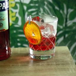 Red aperitif cocktail in a cut-crystal old-fashioned glass with large ice cubes, a dried orange wheel clipped to the rim and wisps of smoke rising, set beside a red liqueur bottle on a wooden table with a green palm-leaf backdrop.