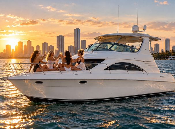 Friends on the bow of a white yacht toasting champagne on a sunset cruise with the Miami skyline in the background.