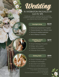 Chic wedding IV hydration packages flyer with soft pink and white bridal bouquet, circular photos of a bride and bridal party receiving IV therapy, a cozy treatment room, cream “Wedding” header on a dark green background and visible package price tags.