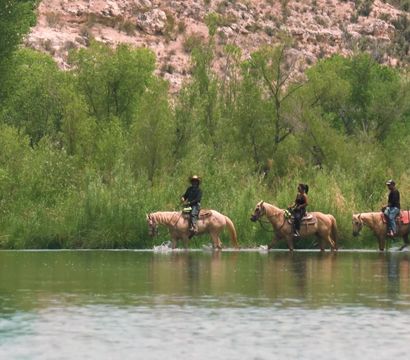 Three riders guiding palomino horses across a shallow river along a leafy riverside with green trees and a sandstone bluff