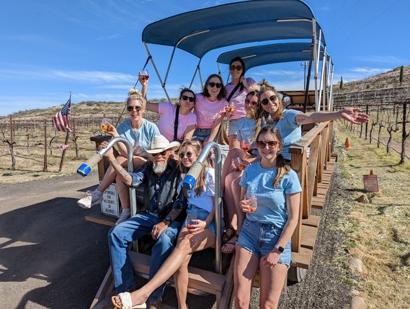 Smiling friends on a covered-wagon wine tour through a sunlit vineyard, raising glasses amid rows of grapevines and an American flag under a bright blue sky.