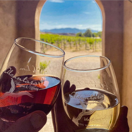 Two clinking wine glasses, one red and one white, framed by an arched tasting-room window overlooking sunlit vineyard rows and distant mountains in Verde Valley, AZ.
