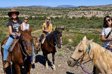 Group of four riders on horseback in a sunny vineyard and arid canyon landscape — chestnut, bay and palomino horses with rolling hills and blue sky in the background.