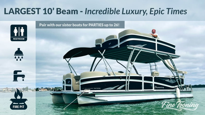 Massive 10'‑beam double-deck pontoon party boat with upper sundeck, shaded canopy and tan lounge seating floating on calm coastal waters; icons indicate restroom, shower, sink and fire‑pit amenities.