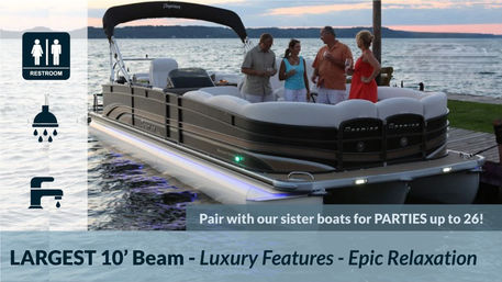 Luxury pontoon boat docked on a lake at sunset, a small group of adults socializing on plush seating with LED accent lighting; overlay text advertises largest 10-foot beam and pairing for parties up to 26.