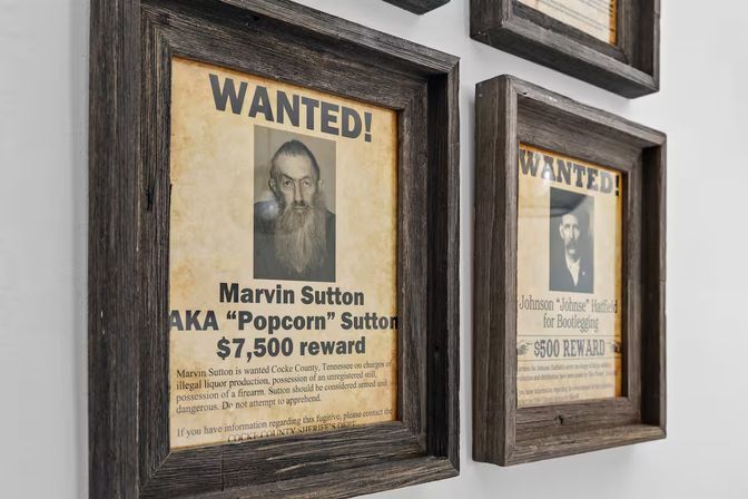 Rustic wooden-framed vintage "WANTED" posters with sepia mugshots and reward amounts, displayed gallery-style on a white wall — vintage wall decor.