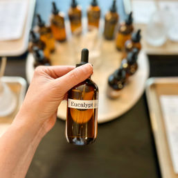 Hand holding an amber glass dropper bottle labeled "Eucalyptus" above a tray of similar essential oil bottles on a DIY aromatherapy workspace