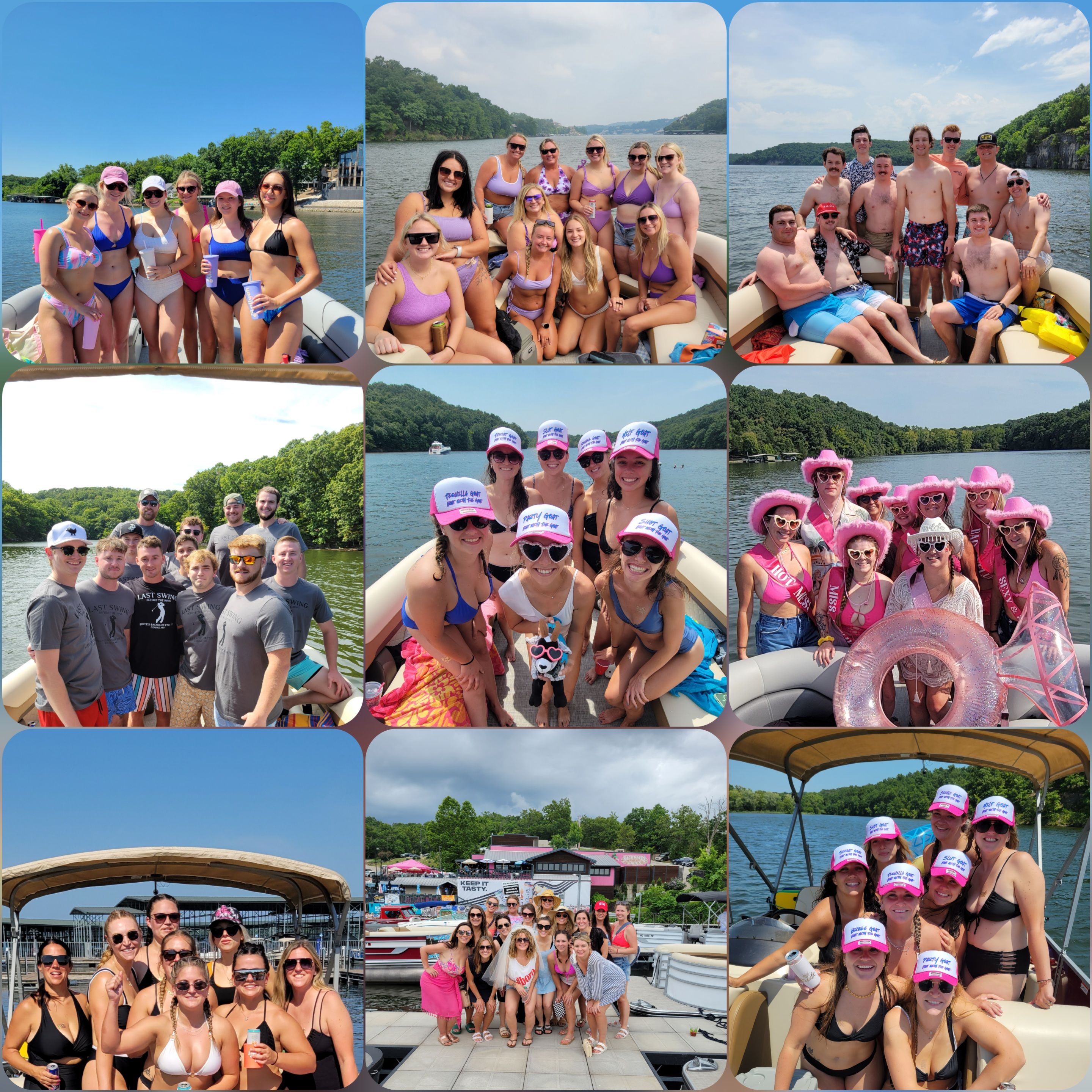 Collage of nine photos of a summer lake boat party — groups of friends on pontoon boats and a dock, bikinis and swimwear, matching pink bachelorette caps and sashes, inflatables, and tree-lined shoreline under blue skies.
