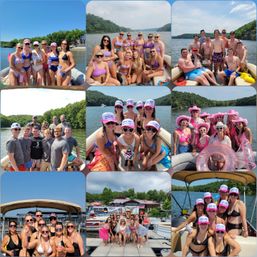 Collage of nine photos of a summer lake boat party — groups of friends on pontoon boats and a dock, bikinis and swimwear, matching pink bachelorette caps and sashes, inflatables, and tree-lined shoreline under blue skies.