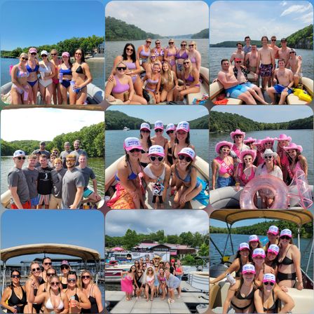Collage of nine photos of a summer lake boat party — groups of friends on pontoon boats and a dock, bikinis and swimwear, matching pink bachelorette caps and sashes, inflatables, and tree-lined shoreline under blue skies.